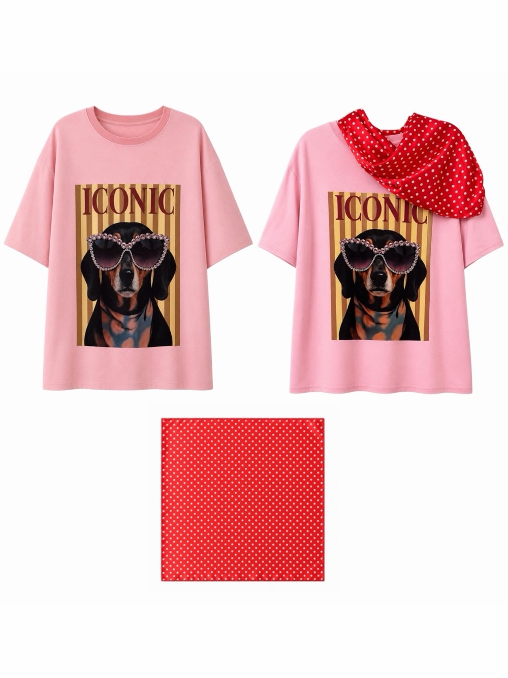 New Denim Love Dachshund Brown Dog ICONIC Pink T-Shirt Polka Dot Red White Scarf